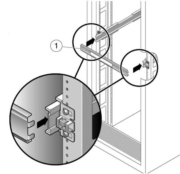 image:Illustration présentant le positionnement et l'installation de l'outil de la pièce d'écartement des rails à l'avant du rack