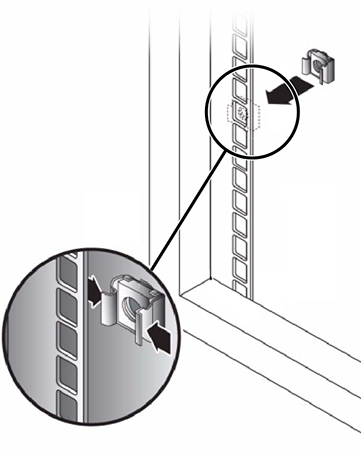image:Illustration présentant un détail de l'insertion de l'écrou cage dans le montant de droite du rack