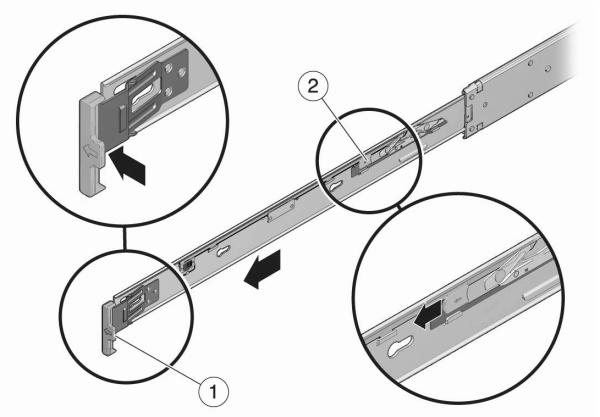 image:スライドレールから固定器具を取り外す方法を示す図