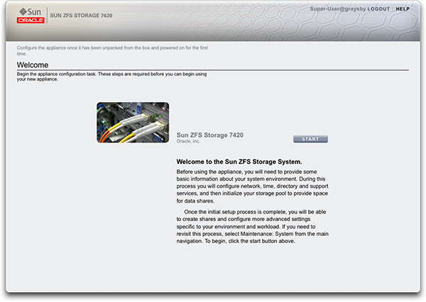 image:Oracle ZFS Storage Appliance の「ようこそ」ページ