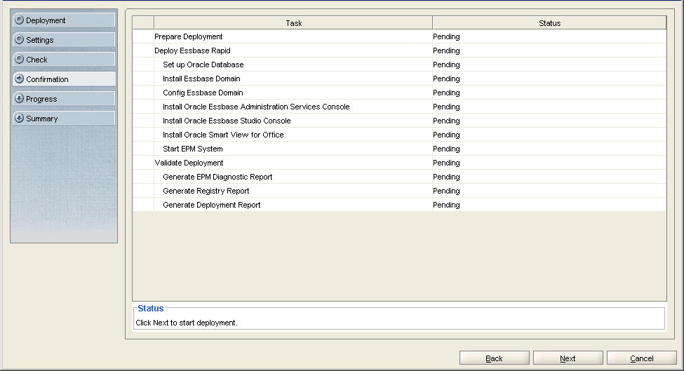 The Rapid Deployment Confirmation screen showing the pending tasks 