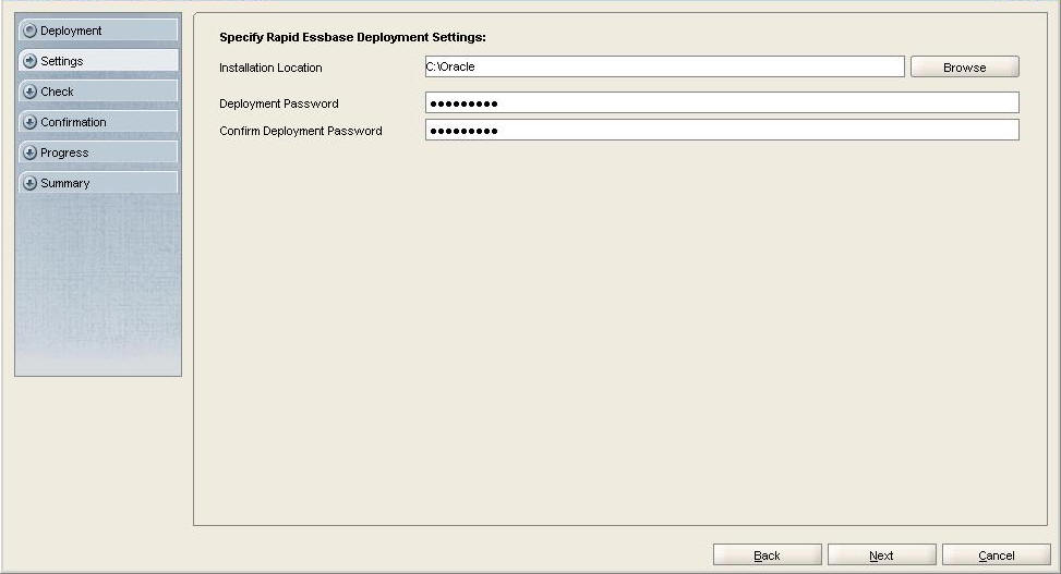 The Rapid Deployment Settings screen where you specify the installation location and deployment password