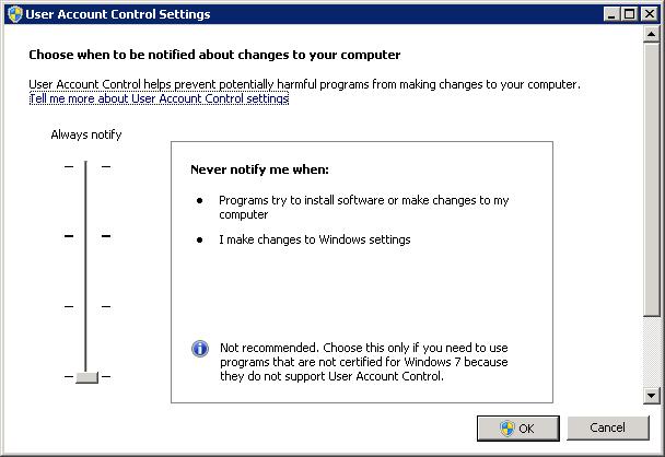 User Account Control Settings screen
