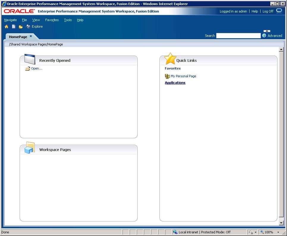 Default EPM Workspace home page of Shared Services Administrator.