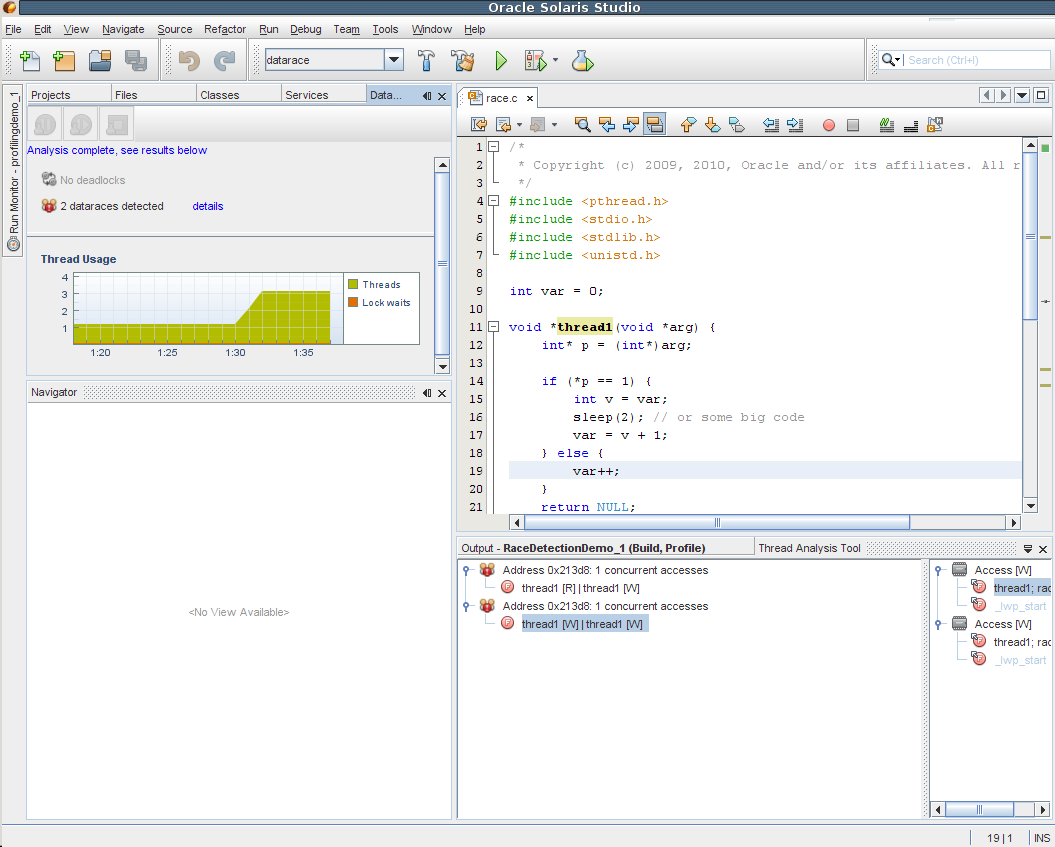 image:「データの競合とデッドロックの検出」が実行されている IDE のスクリーンショット