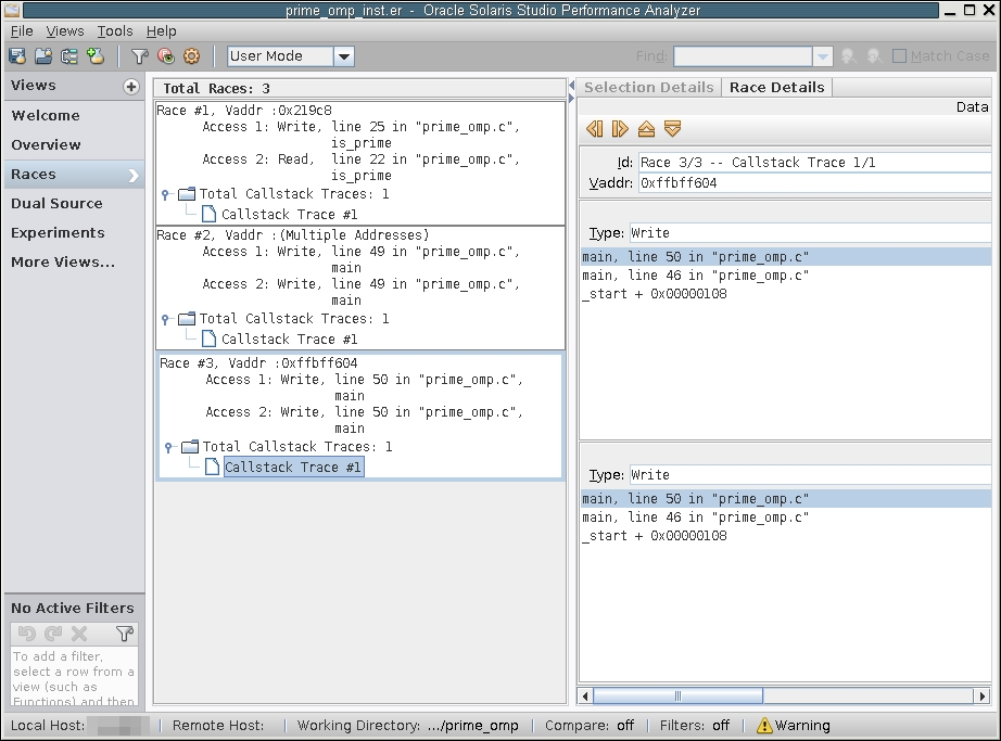 image:OpenMP プログラムでのデータの競合の呼び出しスタックトレースを示す「競合の詳細」ウィンドウが表示されたスレッドアナライザのスクリーンショット