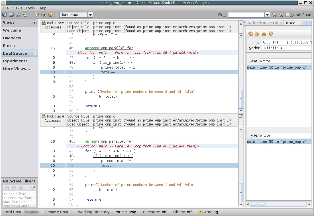 image:prime_omp.c でのデータの競合について「デュアルソース」ビューを示した、「スレッドアナライザ」ウィンドウのスクリーンショット。