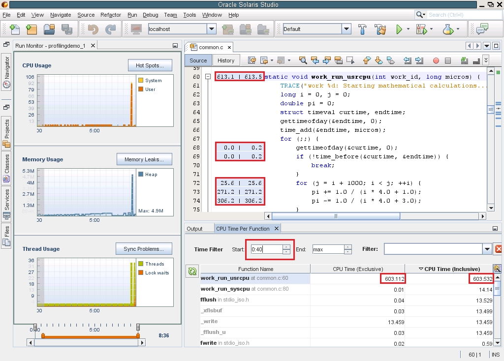 image:work_run_usrcpu 関数の CPU 使用率の使用率詳細 (CPU 時間と時間フィルタ開始時間ボックスが枠で囲まれています)。