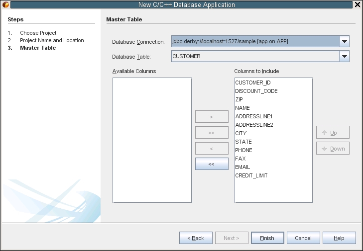 image:新規プロジェクトウィザードの Oracle Database プロジェクトの「マスターテーブル」ページ