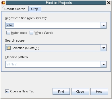 image:「プロジェクト内を検索」ダイアログボックスの「Grep」検索タブ。