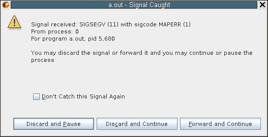 image:SEGV を表示する「シグナルがキャッチされました」警告ボックス