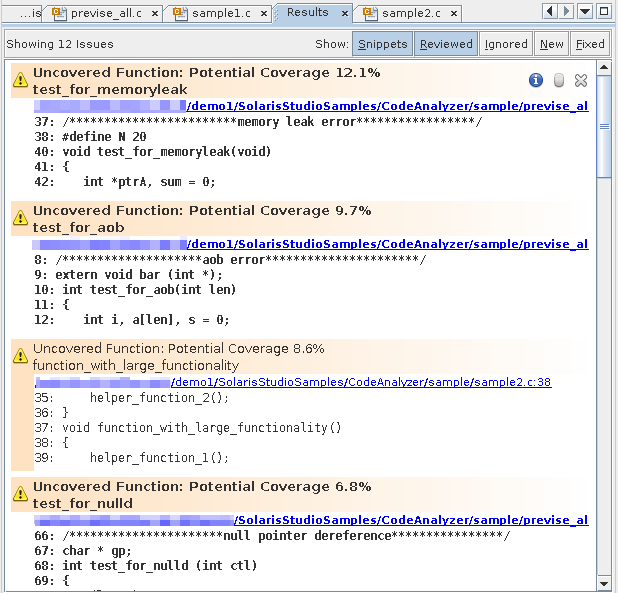 image:いくつかのコードカバレージの問題が表示されたコードアナライザの「結果」タブ