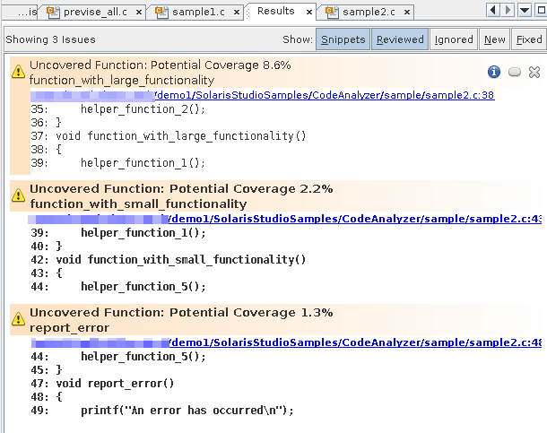 image:sample2.c のコードカバレージエラーが表示されたコードアナライザの「結果」タブ