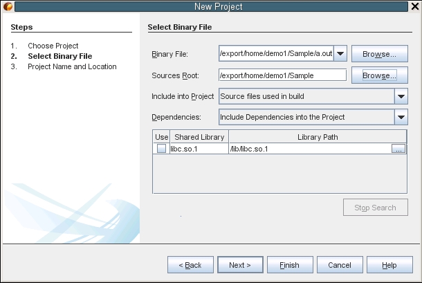 image:“New Project“（新建项目）向导中 “Project from a Binary File“（基于二进制文件的项目）的 “Select Binary File“（选择二进制文件）页面