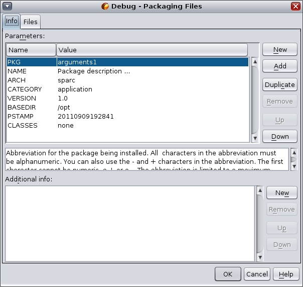 image:“Packaging Files“（打包文件）对话框，“Info“（信息）选项卡