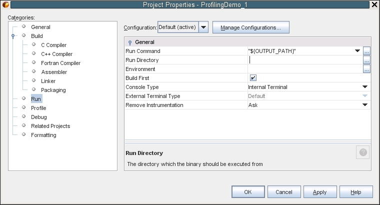 image:ProfilingDemo_1 的 “Project Properties“（项目属性）对话框的 “Run“（运行）选项卡。