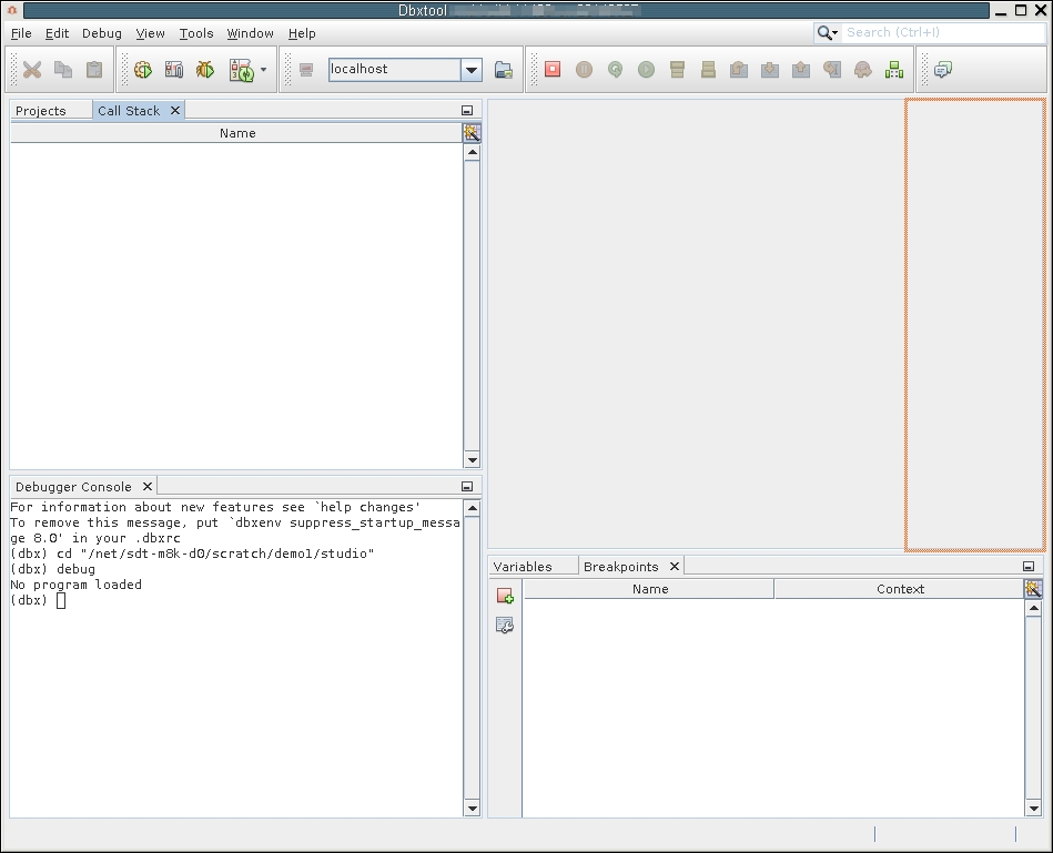 image:“Call Stack“（调用堆栈）窗口的轮廓被拖动到选项卡区域最右侧的 dbxtool 窗口