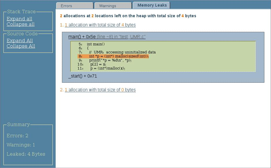 image:Discover HTML 报告的 “Memory Leaks“（内存泄漏）选项卡（包括堆栈跟踪和源代码）