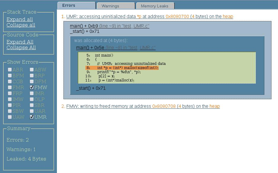 image:Discover HTML 报告的 “Errors“（错误）选项卡（包含源代码）