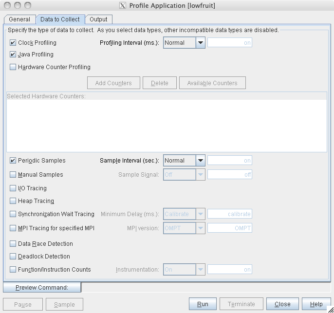 image:“Profile Application“（分析应用程序）对话框的 “Data to Collect“（要收集的数据）窗口