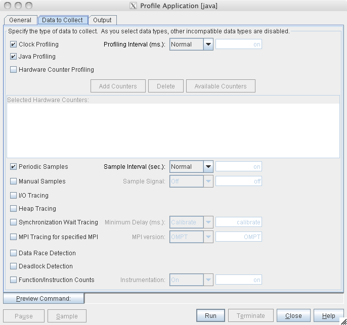 image:“Profile Application“（分析应用程序）对话框的 “Data to Collect“（要收集的数据）窗口