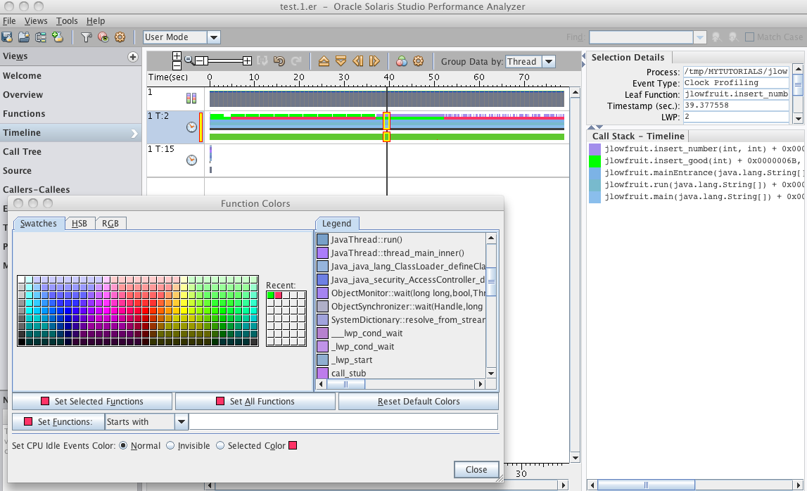 image:性能分析器的 “Timeline“（时间线）视图，其中打开了 “Function Colors“（函数颜色）对话框
