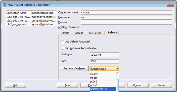 Sybaseデータベースへの接続の作成