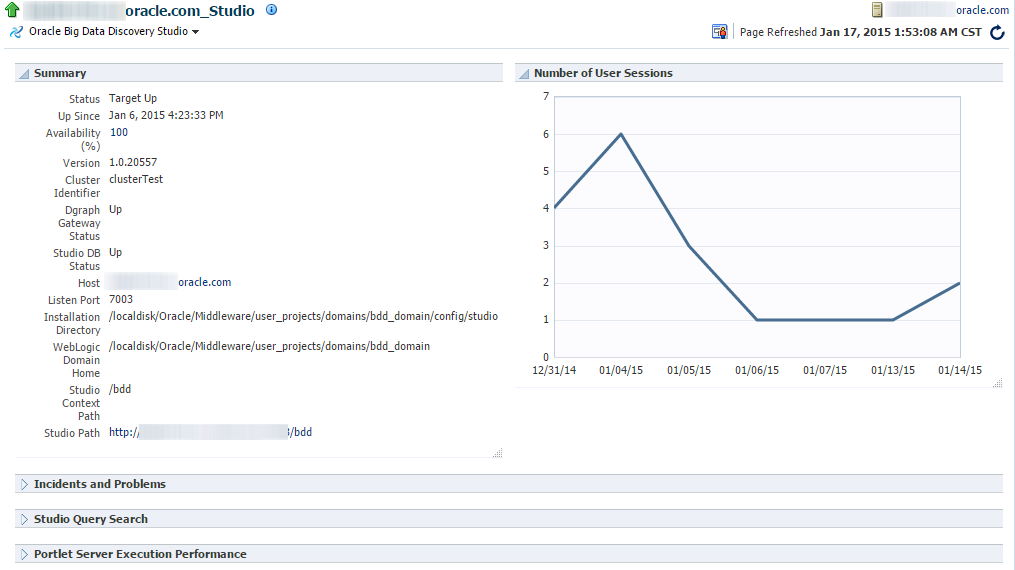 This image shows the Studio target homepage with the Summary and User Sessions regions shown.
