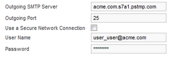 Fields for configuring the outbound mail server
