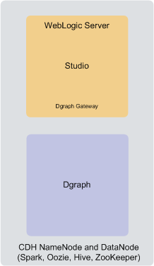 This diagram shows Big Data Discovery software deployed on a single node. This deployment includes CDH, WebLogic Server with Studio and Dgraph Gateway, and the Dgraph.