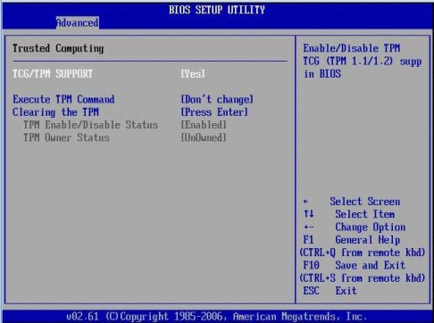 画像: 更新されたTPM enable/disabled」設定を示す図。