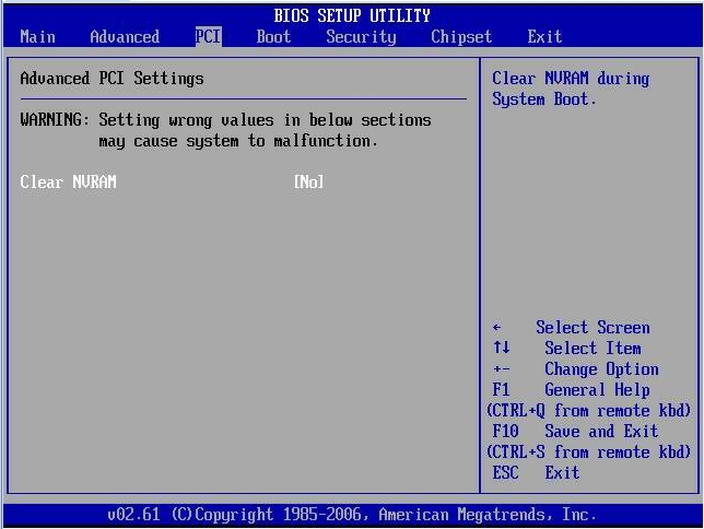 画像: 「BIOS Setup Utility: PCI - Advance PCI Settings - Clear NVRAM」を示す図。