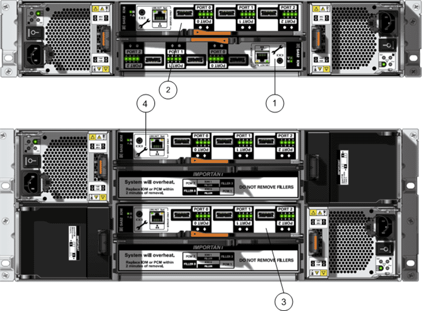I/O modules on DE2-24P and DE2-24C Drive Enclosure types
