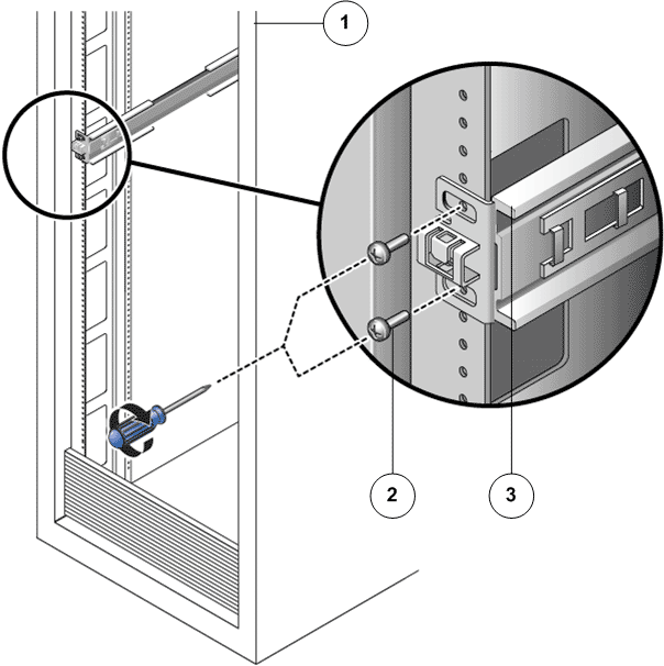 Left rail secured to the front of the rack