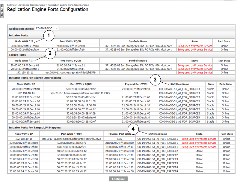 Replication Engine FC port configuration page