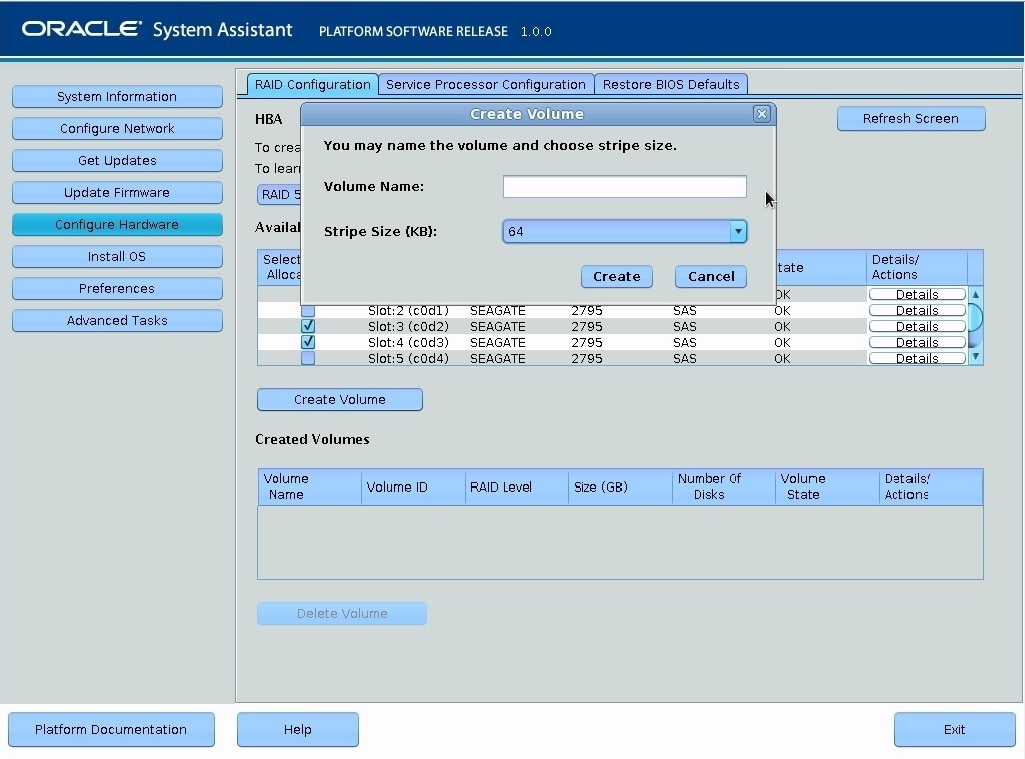 image:「RAID configuration」の「Create Volume」ダイアログボックス画面。