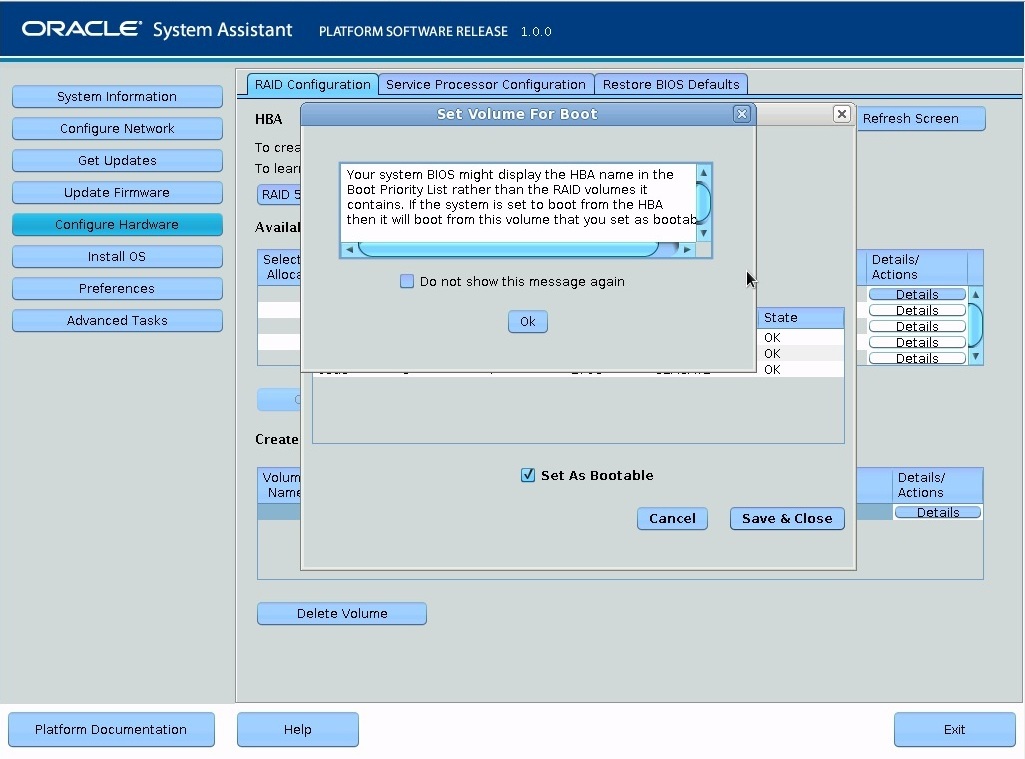 image:「RAID configuration」の「Set Volume For Boot」ダイアログボックスを示す画面。