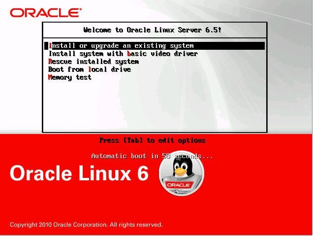 image:レガシー BIOS ブートモードでの Oracle Linux ブート画面を示す画像。