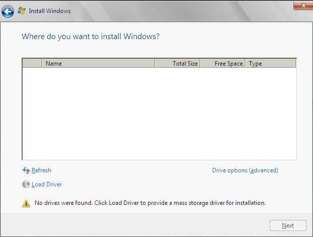 image:「Windows のインストール場所を選んでください」画面。