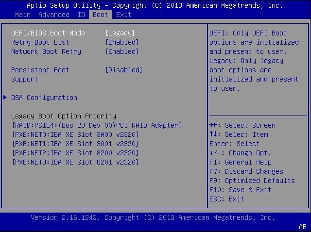 image:レガシー BIOS モードの設定画面。