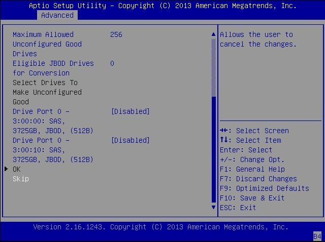 image:LSI Human Interface Interaction Configuration Utility での「JBOD Conversion」画面のスキップ