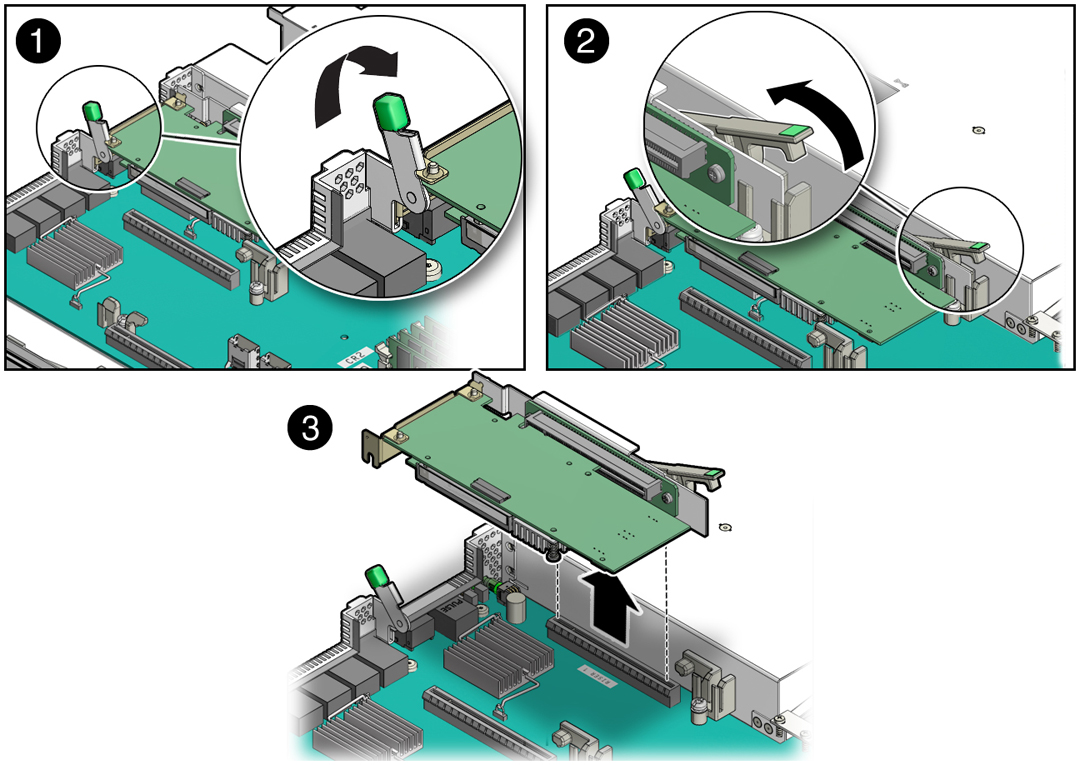 image:スロット 1 および 2 から PCIe ライザーを取り外す方法を示す図。