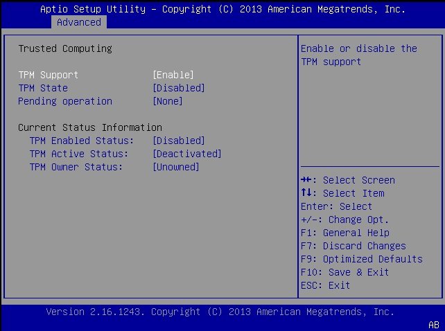 image:この図は、TPM サポートが有効になった「TPM Configuration」画面を示しています。