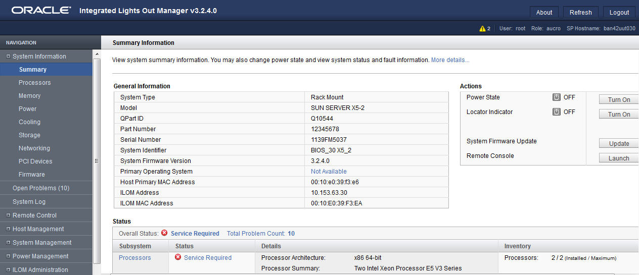 image:Oracle ILOM の「Summary Information」画面を示すスクリーンショット。