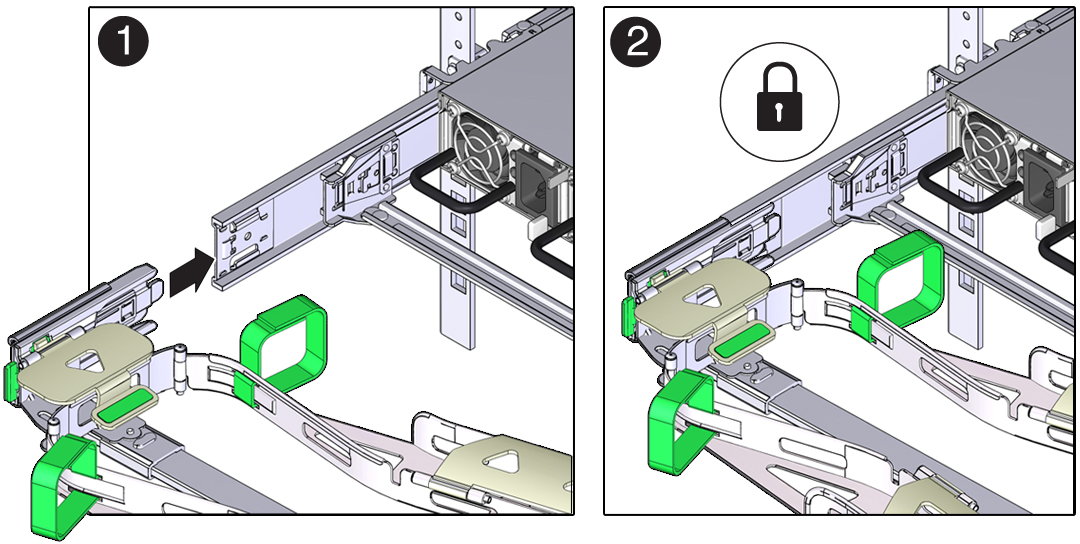 image:왼쪽 슬라이드 레일에 CMA의 커넥터 D 및 해당 래치 브래킷을 설치하는 방법을 보여주는 그림입니다.