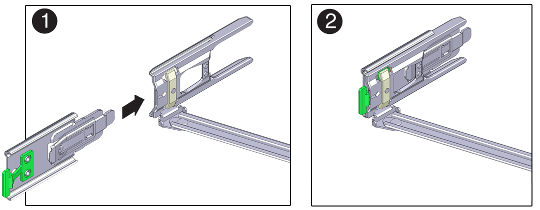 image:CMA 슬라이드 레일 래치 브래킷과 커넥터 D를 맞추는 방법을 보여주는 그림입니다.