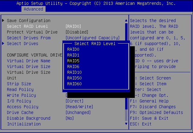 image:Select RAID Level 대화 상자를 보여주는 화면입니다.