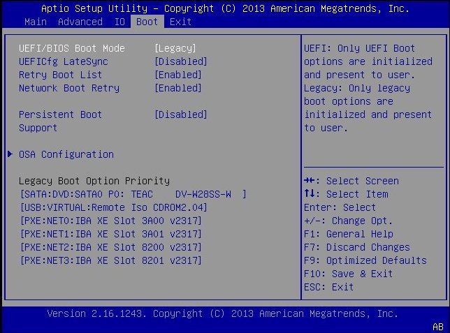 image:선택된 Legacy BIOS 모드를 보여주는 BIOS Boot 메뉴 화면입니다.
