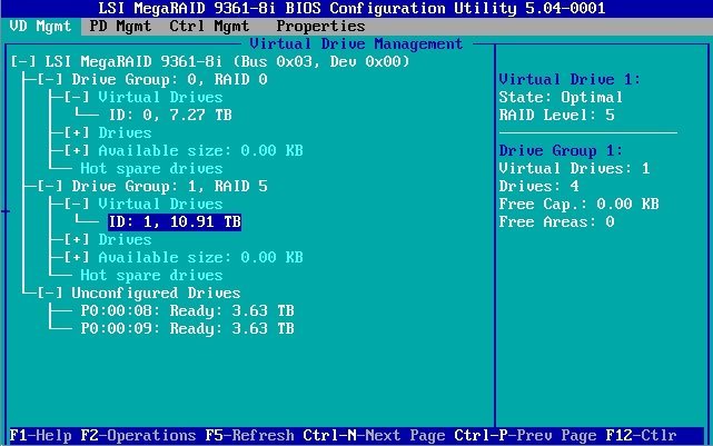 image:Mega RAID Configuration utility Virtual Drive Management 화면입니다.