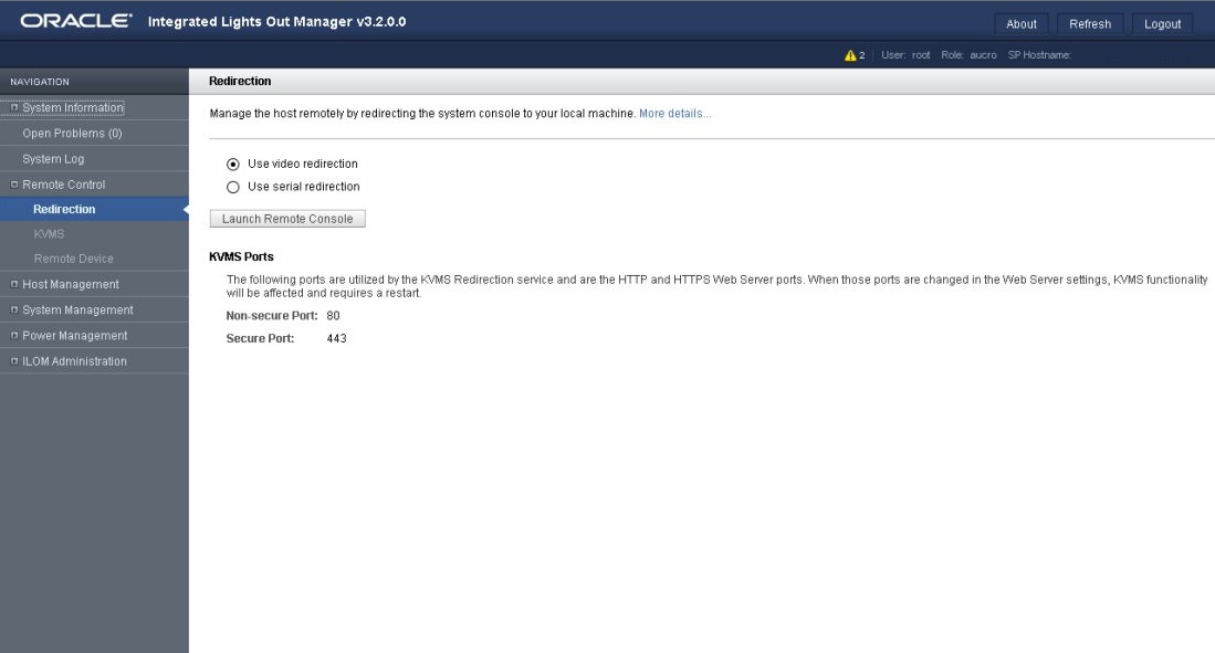 image:Cette image présente la page Redirection d'Oracle ILOM.
